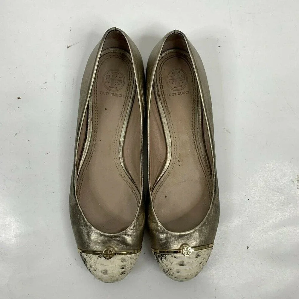Tory Burch Size 9 Bar Logo Ballet Flat Champagne Natural Odyssey Karajah‎ Print